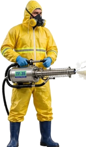 Técnico de Fumipest equipado para termonebulización profesional
