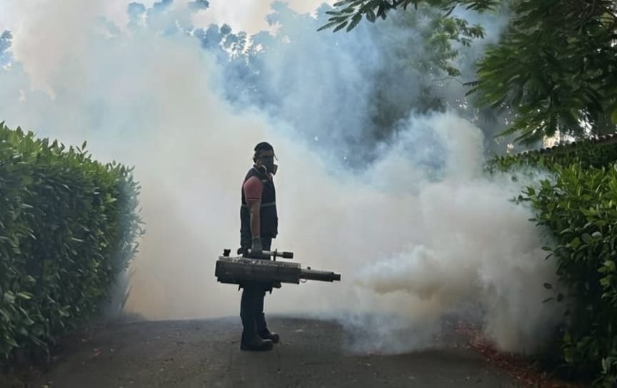Técnico de Fumipest termonebulizando un jardín con equipo IGEBA TF-35